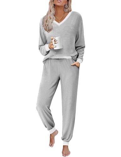 JUSTFASHIONNOW Maternity Pajama Sets 2 Piece Black Striped Lounge Sets Long Sleeve Tops and Pants Soft Sleepwear Pjs 2025 Travel Winter Outfits(Black,Medium - Image 1