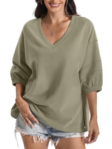 EasyGala Womens Cotton V Neck Sweatshirt 3/4 Sleeve Slouchy Fit Going Out Tops Trendy Side Slit Work Shirt Casual Fall Lightweight Outfits Y2K Winter Clothes 2025 Dolphin Large - Image 1