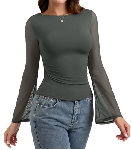 PINKMSTYLE Sheer Mesh Flared Sleeve Tops for Women Boat Neck Long Sleeve Ruched Shirt Club Outfits Grey Green X-Large - Thumbnail 2