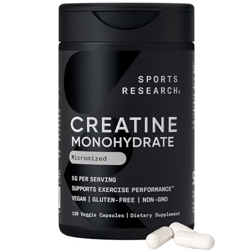 Sports Research® Creatine Monohydrate Capsules - Supports Workout Recovery, Lean Muscle gain, Performance and Strength* - Non-GMO, Vegan Certified - 5g per Servings - 30 Servings - Image 1