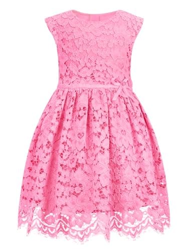 ALLOVIN Girls & Toddlers Sleeveless A-Line Lace Party Dress Birthday Wedding & Flower Girl Dress with Beaded Bowknot | Rose Pink | 6-7Y - Image 1
