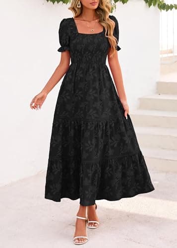 Lazysmile Women's Summer Boho Floral Maxi Dress Short Sleeve Square Neck Smocked Ruffle Elegant Wedding Guest Dress Black - Thumbnail 3