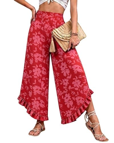 IEEILULU Wide Leg Pants for Women - Beach Pants for Women Flowy Floral Palazzo Pants High Waisted Pants Beach Vacation Outfits Rose Flower L - Image 1