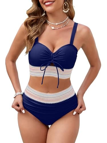 VIAURBE Women's High Waisted Bikini Sets Swimsuits Color Block Two Piece Bathing Suit Cute Drawstring Bikinis Navy L - Image 1