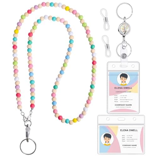Lanyards for ID Badges Teacher Gifts Cute Wooden Beaded Lanyard with ID Holder Retractable Badge Reel Keys Eyeglass Chains for Women