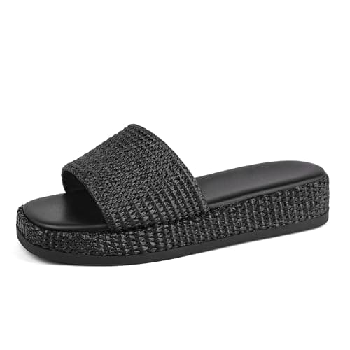 Celbreez Black Platform Sandals Espadrilles Wedges for Women Raffia Summer Sandals 2026 Slip On Low Wedge Slide Straw Comfortable Cute Beach Vacation Shoes Casual Daily Outfit - Image 1