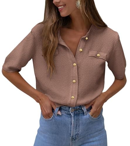 PRETTYGARDEN Women's Summer Button Down Shirts Casual Short Sleeve Crew Neck Ribbed Knit Blouse Top Cardigans (Khaki,X-Large) - Image 1