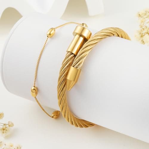 LCTrusttmor Gahna 18K Gold Plated Beads Bracelets for Women, Stackable 18K Gold Plated with Adjustable Link Chain Set Dainty Trendy Jewelry Gifts - Thumbnail 5