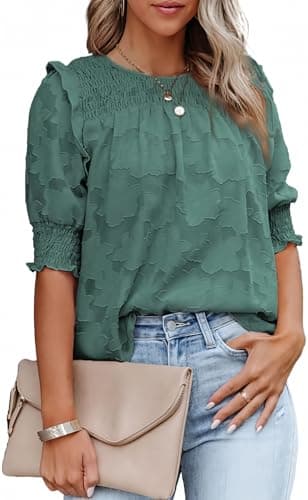 Dokotoo Womens Tops Half Sleeve Shirred Green Blouses for Women Dressy Casual Crewneck Lace Textured Flowy Shirts for Women Small - Image 1