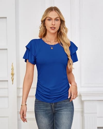 GRACE KARIN Summer Tops for Women Dressy Casual, Ruffle Short Sleeve Work Shirt, 2026 Spring Blouses Royal Blue Large - Thumbnail 4