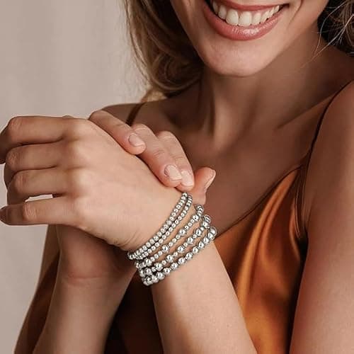 adoyi Silver Bracelets for Women, 14K Gold Plated Beaded Strand Bead Ball Bracelets stack Set Adjustable Stackable Bracelet Sets Jewelry for Womens Gifts - Thumbnail 2