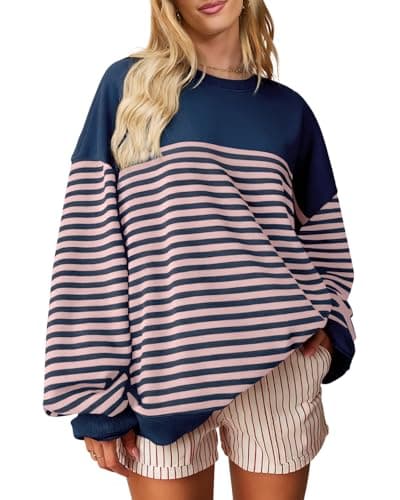 HEYTALALA Womens Oversized Striped Sweatshirts Y2K Long Sleeve Crewneck Sweater Color Block Drop Shoulder Loose Pullover Tops Pink - Image 1