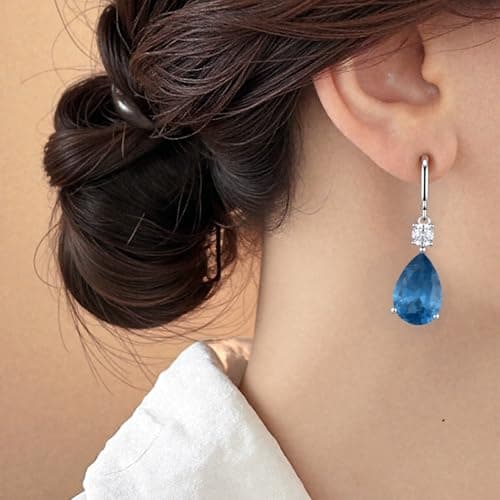 Teardrop Dangle Drop Earrings -925 Sterling Silver Birthstone Earring Jewelry Birthday Gifts for Women,Girlfriend,Wife,Mom - Graduation, Friendship,Birthday, Anniversary (12 - Blue Topaz) - Thumbnail 5
