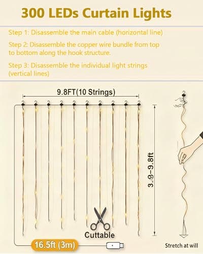 Curtain Lights for Bedroom 300 LED Fairy String Lights with Remote, 8 Modes Timer, USB Plug in Waterproof Twinkle Lights for Backdrop Wedding Party Indoor Outdoor Decor, 9.8ft x 9.8ft, Christmas Light - Thumbnail 6