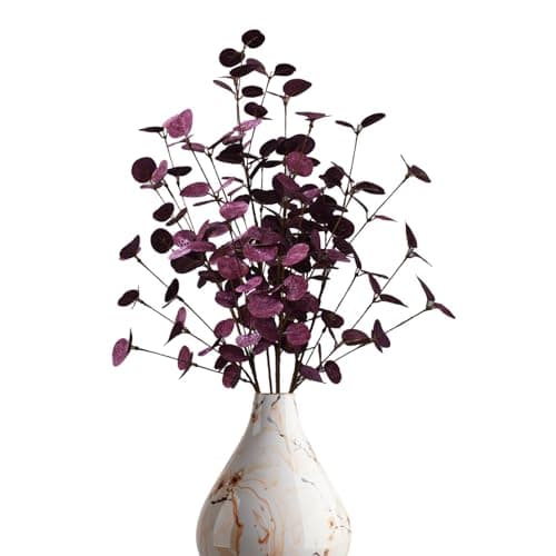 siqifloral 4PCS 24" Purple Artificial Eucalyptus Stems – Metallic Faux Eucalyptus Leaves for Halloween Decor, Fall Vase Arrangement & Christmas Home Decoration - Image 1