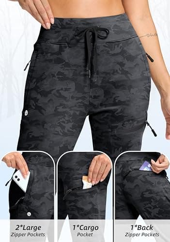 G Gradual Women's Fleece Lined Joggers Hiking Pants 4 Zipper Pockets High Waisted Water Resistant Winter Running Sweatpants, Black Camo, Large - Thumbnail 5