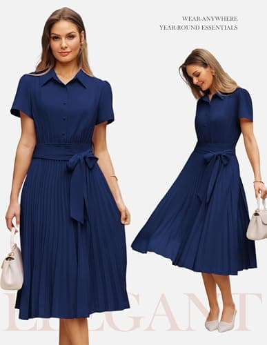 GRACE KARIN Women 2026 Summer Business Shirt Dress,Short Sleeve Collared Neck Button Midi Dresses,Pleated Casual Dresses Navy Blue L - Thumbnail 3