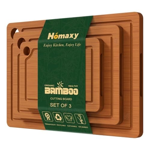 Homaxy Bamboo Cutting Board for Kitchen Set of 3, Wooden Cutting Boards with Non-Slip Mat Deep Juice Groove and Built-In Handles, Wood Chopping Board Set for Meat Fruits & Vegetables