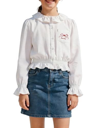 Barry Banny Girls White Button Down Shirt Peter Pan Collar White Blouse with Ruffle Hem Uniform Top for 6-7Y - Image 1