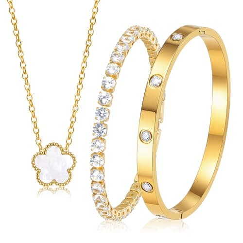 Gold Bracelets Necklace Jewelry Set - 3Pcs 18K Gold Plated Floral Bracelet,Waterproof Stainless Steel Bangles, Non-Tarnish Necklaces Daily Minimalist Trendy Jewelry,Valentines Birthday Gift for Women - Image 1