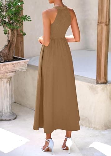 KIRUNDO Summer Dresses for Women 2026 Halter Maxi Wedding Guest Party Cocktail Semi Formal Elegant Classy Long Sundress(Khaki, XX-Large) - Thumbnail 2
