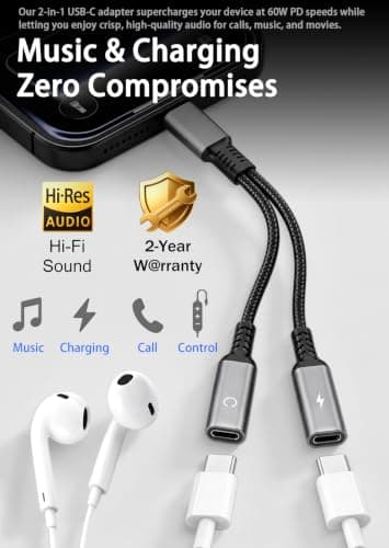 60W USB C Splitter 1 in 2 Out Type C Headphone Audio Charging Adapter Cable - Thumbnail 2