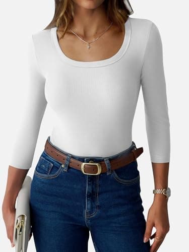 GKBK Womens 3/4 Sleeve Scoop Neck Tops Ribbed Knit Slim Fitted Casual Basic Tee Shirts 2026 Summer Fashion Trendy Work Casual T-Shirt Workout Outfits Thermal Undershirts Layering Clothes White M - Thumbnail 2