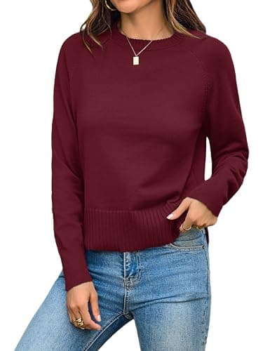 Totatuit Woman Vintage Crew Neck Cropped Sweater Long Sleeve Lightweight Ribbed Knit Christmas Sweaters Jumper Fall Winter Vacation Valentines Outfits Burgundy X-Large - Image 1