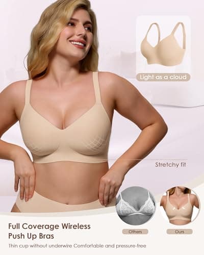 As Fairy Comfort Wireless Lift Bra for Women - Smooth Full Coverage Push Up Bras for Everyday Wear Nude 34DD - Thumbnail 4
