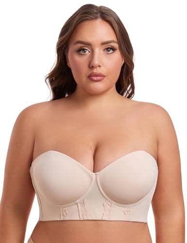 Lusait Women's Longline Strapless Bra Underwired Full Coverage Corset Bra Push Up Boned Hide Back Fat Beige 42DDD - Image 1