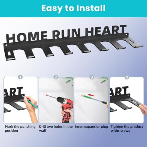 Sahans Baseball Bat Storage Rack Wall Mount Softball Holds 14 Bats Metal Organizer Heavy Duty Steel Sports Display Holder Home and Field Equipment Hanger Hooks Hardware Included Home Run - Thumbnail 6