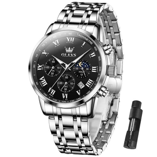 OLEVS Watch Men Luxury Black Mens Watches Silver Stainless Steel Waterproof Luminous Watches for Men Chronograph Moon Phase Big Face Man Watch Date Dress Fashion Analog Quartz Relojes para Hombres