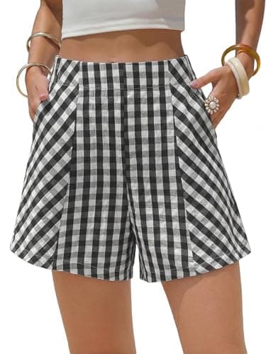 EXLURA Womens Cotton Boxer Shorts Faux Linen Gingham Shorts Summer High Waist Plaid Y2K Beach Bottoms Vacation Outfits 2026 - Image 1