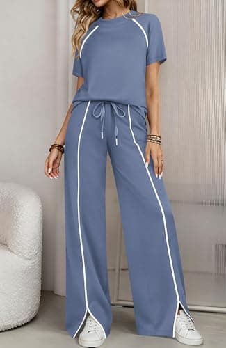 BTFBM Casual Two Piece Sets For Women Summer Outfits Solid Matching Sweatsuit Lounge Set Wide Leg Pants Workout(Grey Blue,Large) - Thumbnail 4