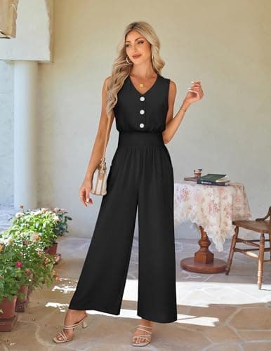 LOOKBOHO Women's Summer Jumpsuit Wide Leg Dressy Pants Casual One Piece Rompers V Neck Sleeveless Fashion Outfit(B,XL) - Thumbnail 2