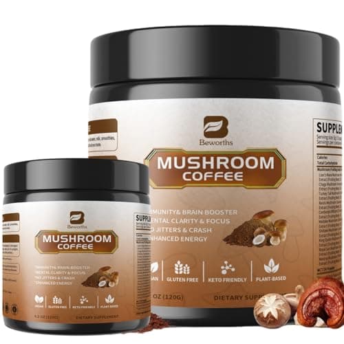 B BEWORTHS 2Pack Mushroom Coffee Powder with MCT Oil - 10 Mushroom Lion's Mane, Turkey Tail, Reishi, Cordyceps & Chaga - Instant Arabica Mushroom Coffee for Focus, Immune, Gut & Brain Health | Keto - Image 1