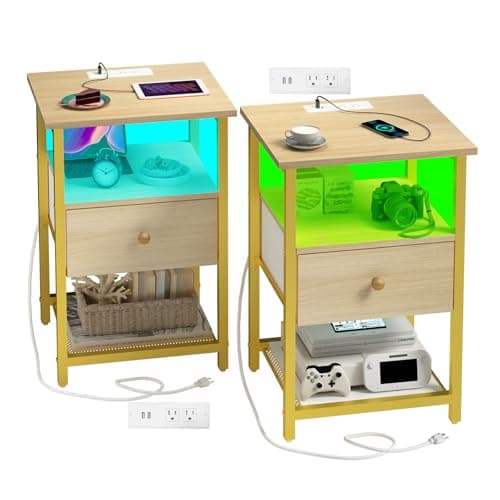 HDDDZSW LED Nightstands Set of 2 with Charging Station, Bedside Tables with USB Ports and Outlets, End Table with Fabric-Wood 2-in-1 Drawer for Small Spaces, Wooden Color Side Table for Bedroom - Image 1