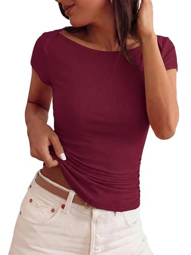 BTFBM Womens Summer Tops 2026 Ribbed T Shirts Crew Neck Short Sleeve Stretchy Ruched Slim Fit Workout Going Out Top(Wine Red, Large) - Image 1