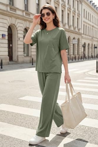 OUGES Women's Summer Pajamas 2 Piece Lounge Sets for Women Short Sleeve Wide Leg Pants Lyocell Cotton Blend Cool Feeling Maternity Postpartums Loungewear Pjs with Pockets(Green,XL) - Thumbnail 5