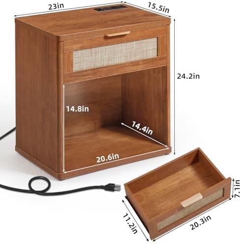 LEYAOYAO Rattan Nightstand with Charging Station, Tea Brown Night Stand with Drawer, 23" Wide Boho Bedside Table with Storage Shelf, Bed Side End Tables for Bedroom, Living Room, Hallway - Thumbnail 3