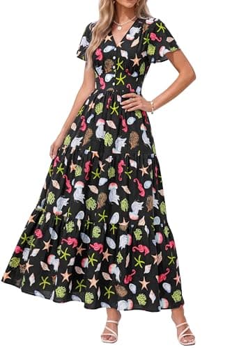 PRETTYGARDEN Women Summer Maxi Dresses 2026 Short Sleeve V Neck Button Floral Tiered Flowy Boho Sundress Beach Outfits(Floral Black Multicolored,Medium) - Image 1