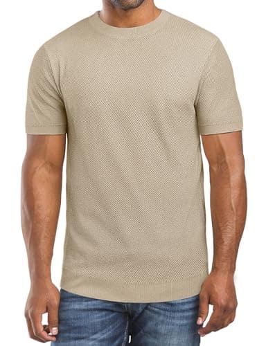 Men's Textured Knit T Shirt Short Sleeve Crew Neck Solid Color Casual Fitted Summer Pullover Top Fashion Basic Tee Apricot - Image 1