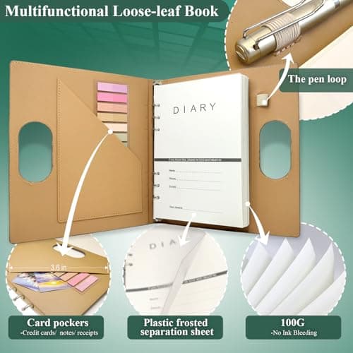 Blank A5 Binder Portable Refillable Notebook - 5.8" x 8.3", 160 Pages of 100G Thick Paper, 6-Ring Design with Pen Loop and Index Tab Stickers - Ideal for Writing, Travel, Work, and School (Khaki) - Thumbnail 3