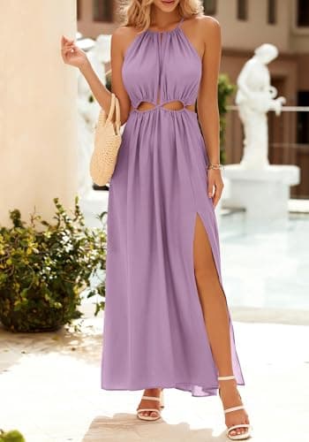 BTFBM Women Halter Summer Dresses 2026 Sleeveless Cutout Backless Sundress Slit Boho Maxi Beach Wedding Guest Dress(Purple, X-Large) - Thumbnail 2