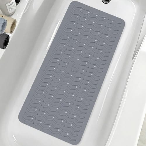 Non Slip Bathtub Mat & Shower Mat, 31x15'' Anti Slip Bath Mat for Tub, Soft TPE Anti-Skid Bathroom Mat with 194 Suction Cups & Drain Holes, Wave-Textured Grip, Machine Washable, Grey - Image 1