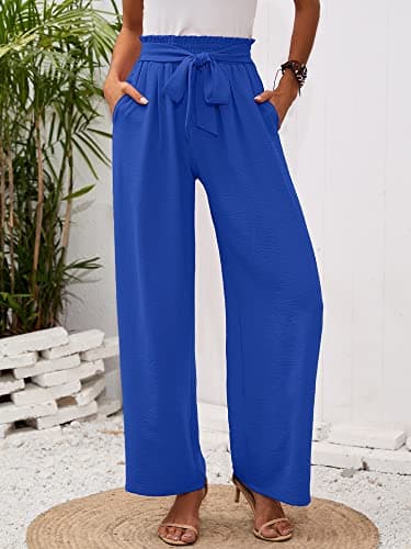Heymoments Women's Wide Leg Lounge Pants with Pockets Klein Blue X-Large Lightweight High Waisted Adjustable Tie Knot Loose Comfy Casual Trousers - Thumbnail 2
