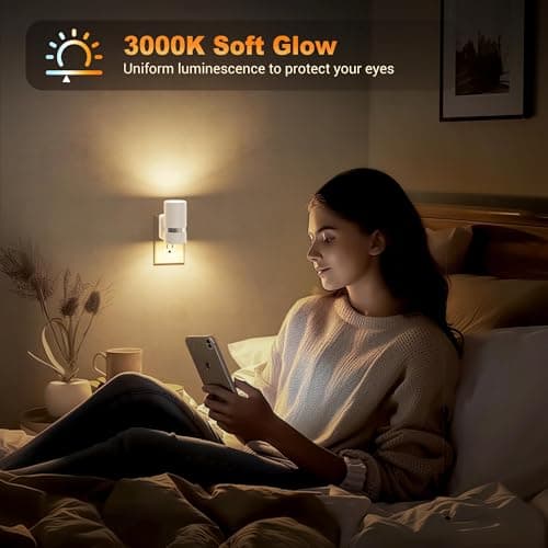 JandCase Night Lights Plug into Wall, Automatic Night Light with Dusk to Dawn, 2 Pack 3000K Soft Warm 0-100LM Dimmable Plug in LED Nightlight for Bedroom, Hallway, Stairs - Thumbnail 5