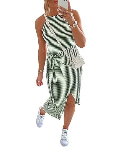 NOLLSOM Women Casual Sleeveless Striped Bodycon Tank Midi Dresses Crew Neck Ruched Tie Waist Elegant T Shirt Summer Dress (Medium, Striped Army Green) - Image 1