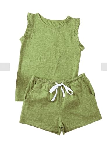 blibean Girls Summer Clothes Set Ruffled Sleeveless Matching Outfits Tween Kids Short Sleeve Solid Tee Shirts Clothing Pocket Tops Pants Size 8-9 Year Old Green - Image 1