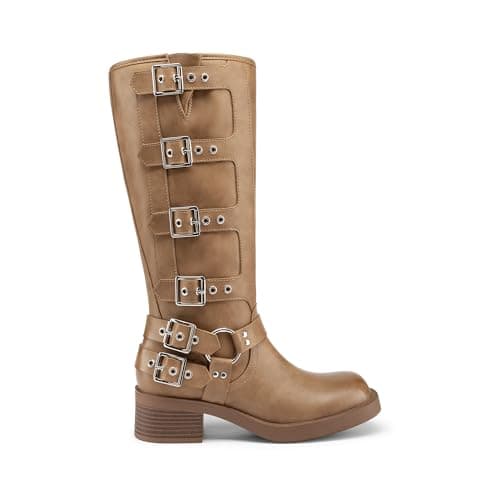 Athlefit Knee High Boots for Women Riding Fashion Buckle Square Toe Chunky Heel Wide Calf Biker Boots Camel Size 9 - Thumbnail 4